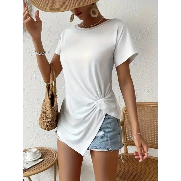 Kadın Kısa Kollu Asimetrik Kesim Bel Büzgü Düğüm Detay Viskon Bluz