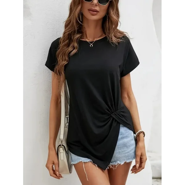 Kadın Kısa Kollu Asimetrik Kesim Bel Büzgü Düğüm Detay Viskon Bluz