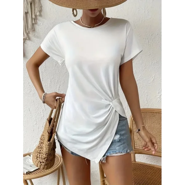 Kadın Kısa Kollu Asimetrik Kesim Bel Büzgü Düğüm Detay Viskon Bluz