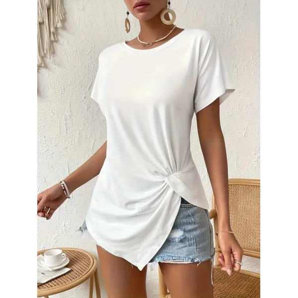 Kadın Kısa Kollu Asimetrik Kesim Bel Büzgü Düğüm Detay Viskon Bluz