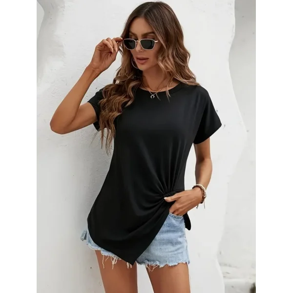 Kadın Kısa Kollu Asimetrik Kesim Bel Büzgü Düğüm Detay Viskon Bluz