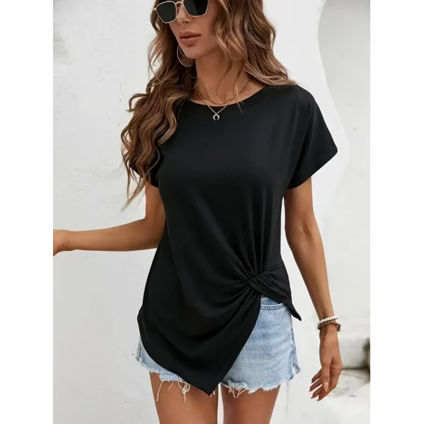 Kadın Kısa Kollu Asimetrik Kesim Bel Büzgü Düğüm Detay Viskon Bluz