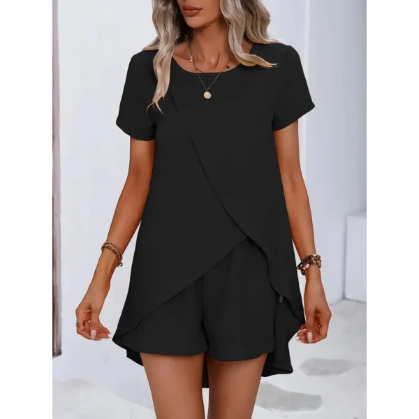 Kadın Kısa Kollu Asimetrik Kesim Bürümcük Bluz Ve şort Ikili Takım