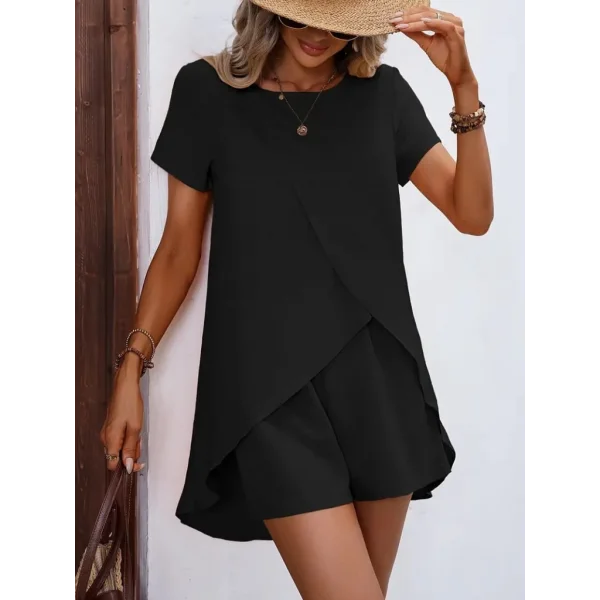 Kadın Kısa Kollu Asimetrik Kesim Bürümcük Bluz Ve şort Ikili Takım