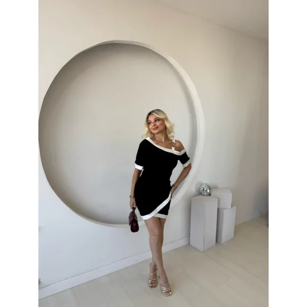 Kadın Kısa Kollu Asimetrik Kesim Yaka şerit Ve Aksesuar Detaylı Modal Elbise