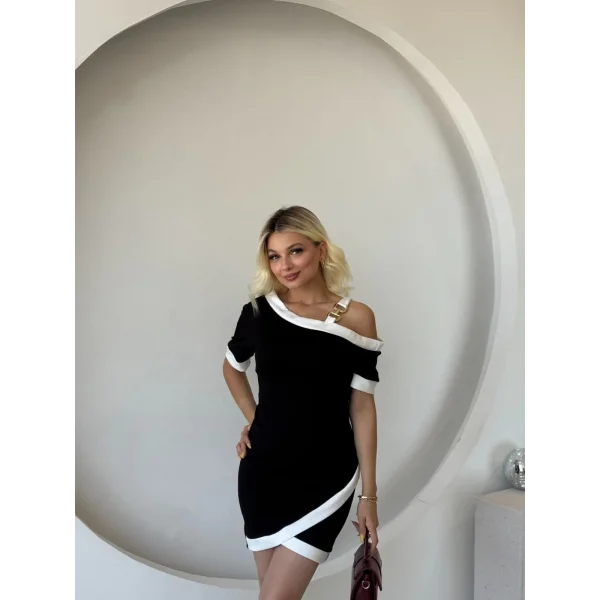 Kadın Kısa Kollu Asimetrik Kesim Yaka şerit Ve Aksesuar Detaylı Modal Elbise