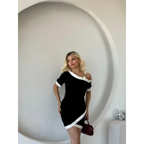 Kadın Kısa Kollu Asimetrik Kesim Yaka şerit Ve Aksesuar Detaylı Modal Elbise