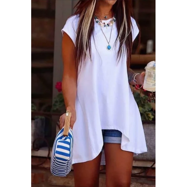 Kadın Kısa Kollu Asimetrik Viskon Kumaş Bluz