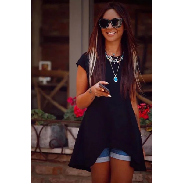 Kadın Kısa Kollu Asimetrik Viskon Kumaş Bluz