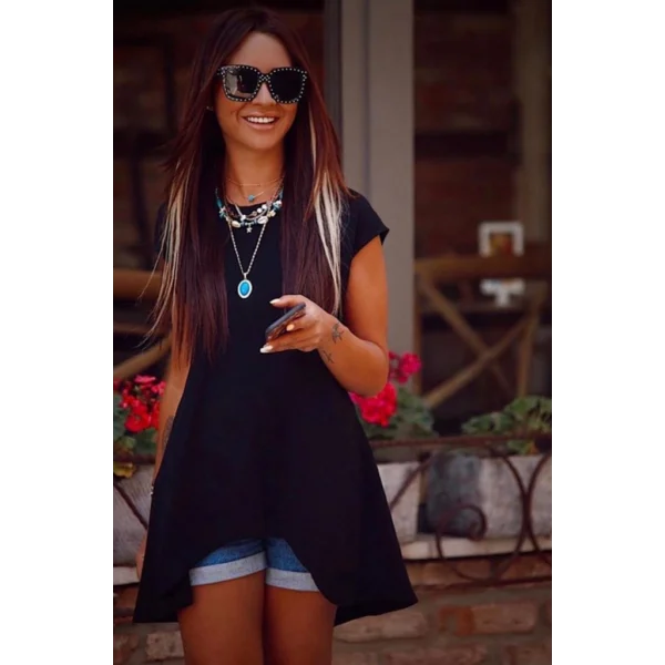 Kadın Kısa Kollu Asimetrik Viskon Kumaş Bluz