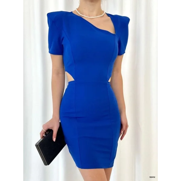 Kadın Kısa Kollu Asimetrik Yaka Detay Mini Krep Elbise