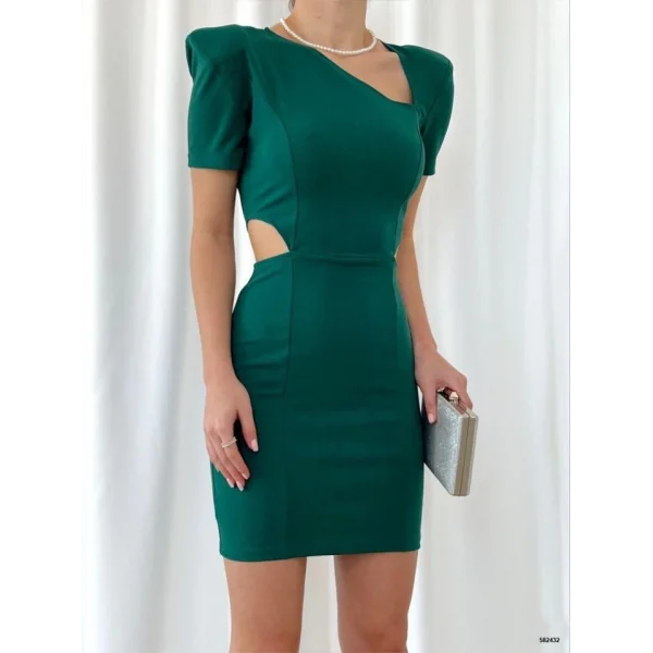 Kadın Kısa Kollu Asimetrik Yaka Detay Mini Krep Elbise