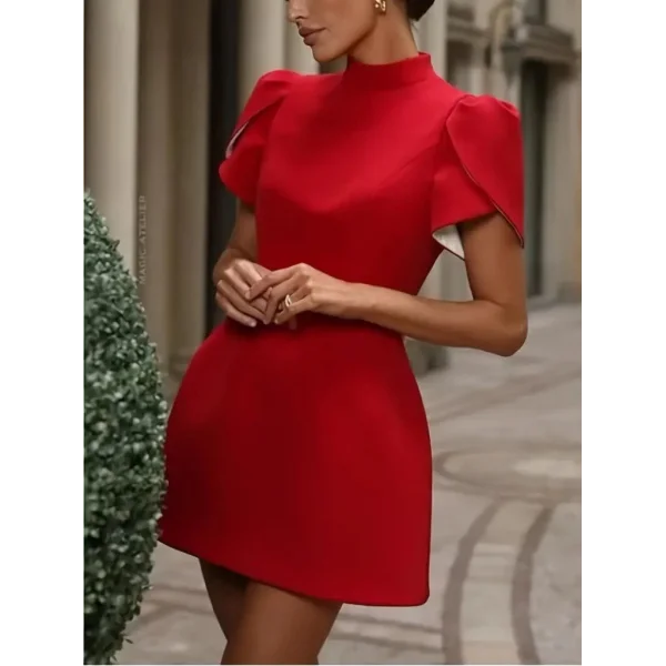 Kadın Kısa Kollu Balıkçı Yaka Arkadan Kelebek Dekolte Detaylı Kısa Atlas Elbise