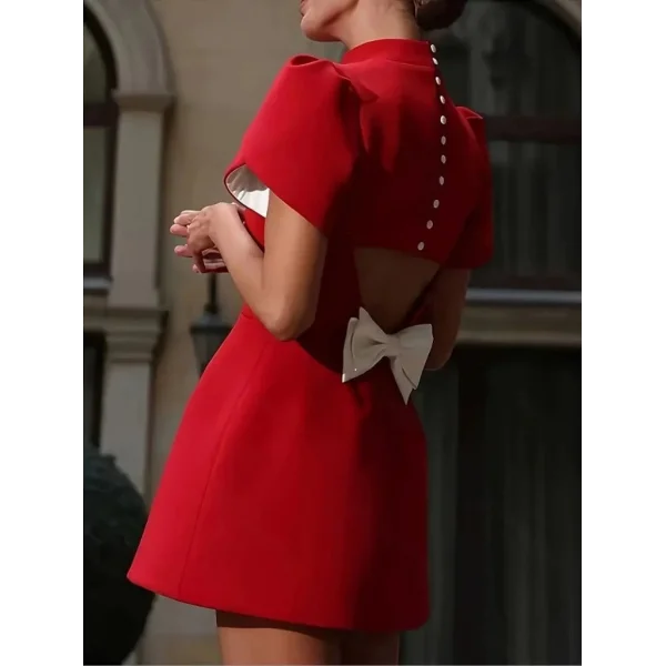 Kadın Kısa Kollu Balıkçı Yaka Arkadan Kelebek Dekolte Detaylı Kısa Atlas Elbise