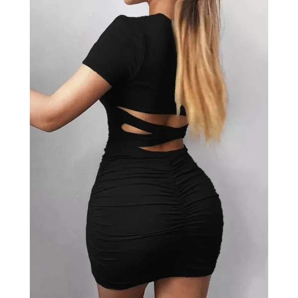 Kadın Kısa Kollu Bel çapraz Detay Dekolteli Eteği Büzgülü Sandy Mini Elbise