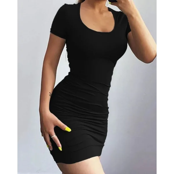 Kadın Kısa Kollu Bel çapraz şerit Detay Büzgülü Sandy Kumaş Elbise