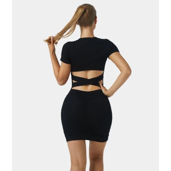 Kadın Kısa Kollu Bel çapraz şerit Detay Büzgülü Sandy Kumaş Elbise