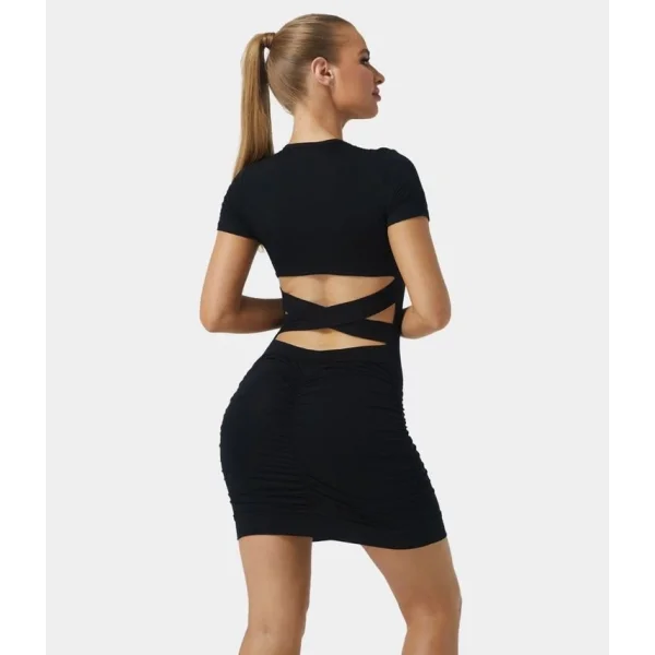 Kadın Kısa Kollu Bel çapraz şerit Detay Büzgülü Sandy Kumaş Elbise