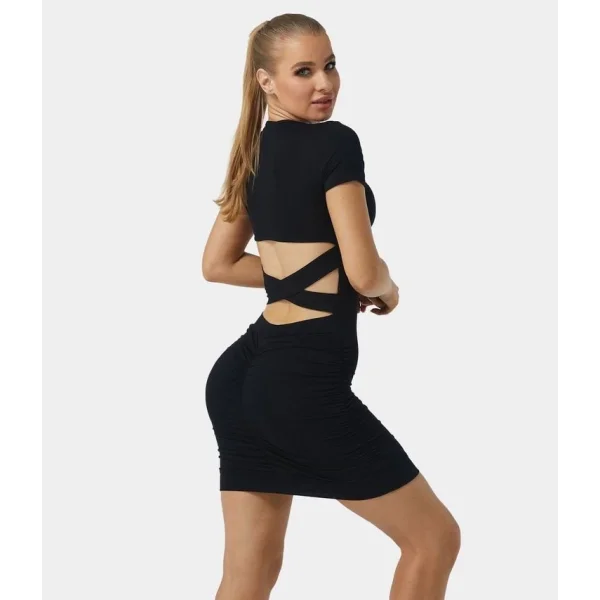 Kadın Kısa Kollu Bel çapraz şerit Detay Büzgülü Sandy Kumaş Elbise