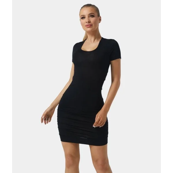 Kadın Kısa Kollu Bel çapraz şerit Detay Büzgülü Sandy Kumaş Elbise