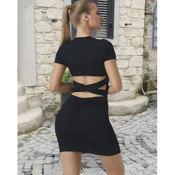 Kadın Kısa Kollu Bel çapraz şerit Detay Büzgülü Sandy Kumaş Elbise