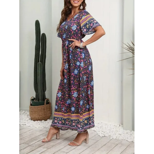 Kadın Kısa Kollu Beli Lastikli çiçek Desen Tam Boy Elbise