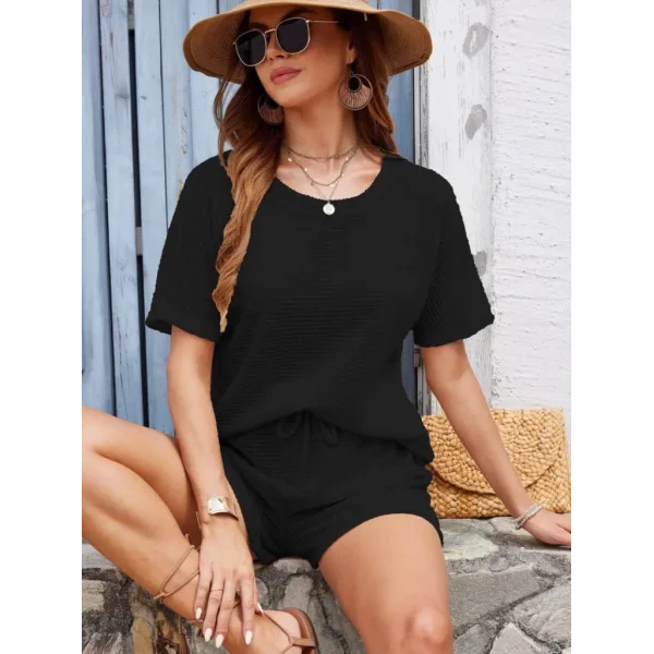 Kadın Kısa Kollu Bisiklet Yaka Alt Ve üst Waffle Ikili Takım