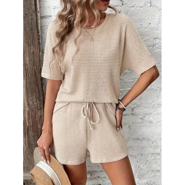 Kadın Kısa Kollu Bisiklet Yaka Alt Ve üst Waffle Ikili Takım