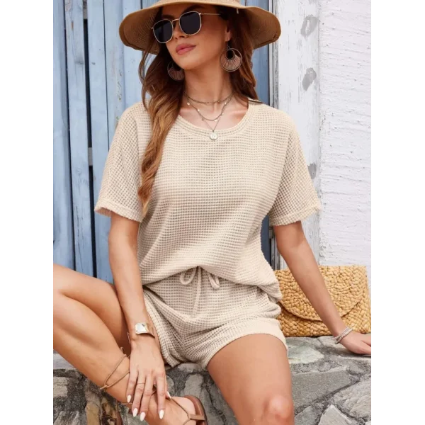 Kadın Kısa Kollu Bisiklet Yaka Alt Ve üst Waffle Ikili Takım