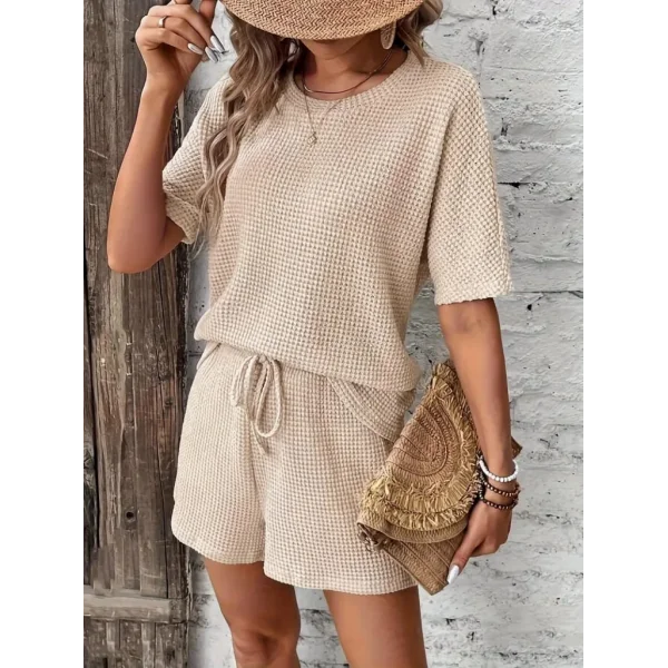 Kadın Kısa Kollu Bisiklet Yaka Alt Ve üst Waffle Ikili Takım