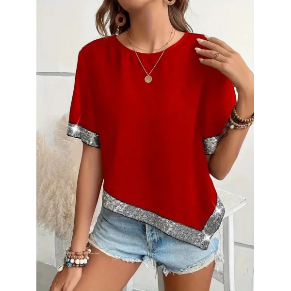 Kadın Kısa Kollu Bisiklet Yaka Asimetrik Kesim Detaylı Pul Payetli Krep Bluz