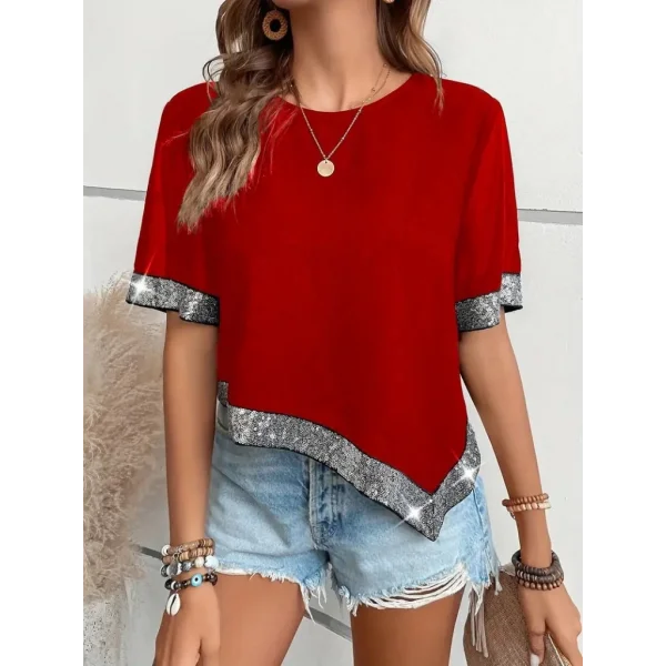 Kadın Kısa Kollu Bisiklet Yaka Asimetrik Kesim Detaylı Pul Payetli Krep Bluz