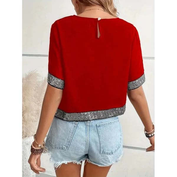 Kadın Kısa Kollu Bisiklet Yaka Asimetrik Kesim Detaylı Pul Payetli Krep Bluz