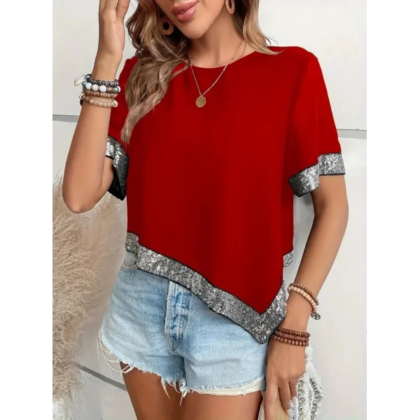 Kadın Kısa Kollu Bisiklet Yaka Asimetrik Kesim Detaylı Pul Payetli Krep Bluz