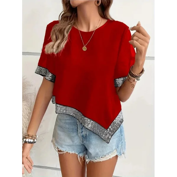 Kadın Kısa Kollu Bisiklet Yaka Asimetrik Kesim Detaylı Pul Payetli Krep Bluz