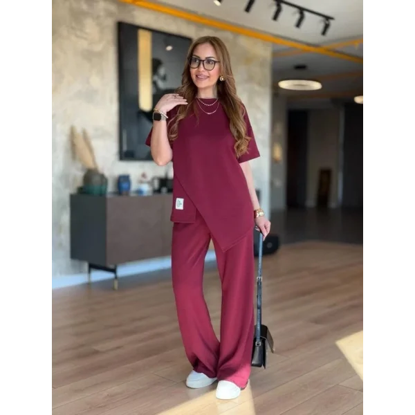 Kadın Kısa Kollu Bisiklet Yaka Asimetrik Viskon Iki Iplik Bluz Ve Pantolon Ikili Takım