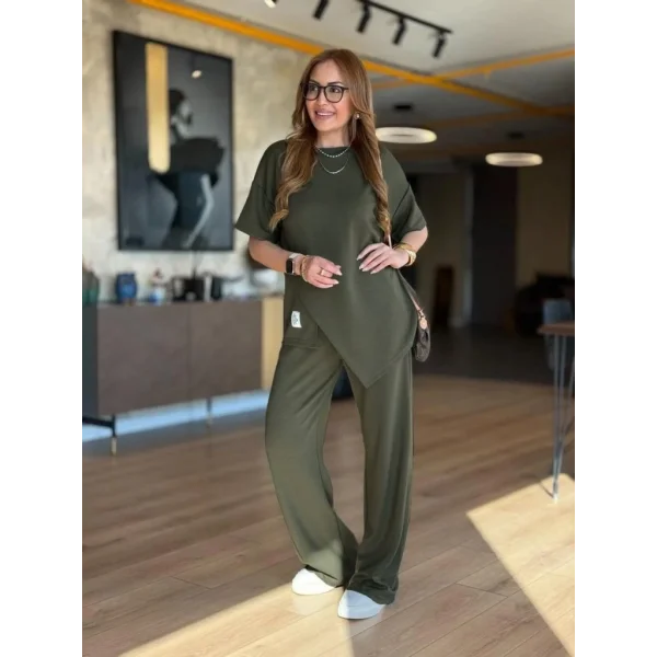 Kadın Kısa Kollu Bisiklet Yaka Asimetrik Viskon Iki Iplik Bluz Ve Pantolon Ikili Takım