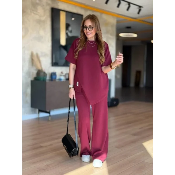 Kadın Kısa Kollu Bisiklet Yaka Asimetrik Viskon Iki Iplik Bluz Ve Pantolon Ikili Takım