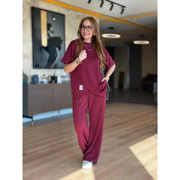 Kadın Kısa Kollu Bisiklet Yaka Asimetrik Viskon Iki Iplik Bluz Ve Pantolon Ikili Takım