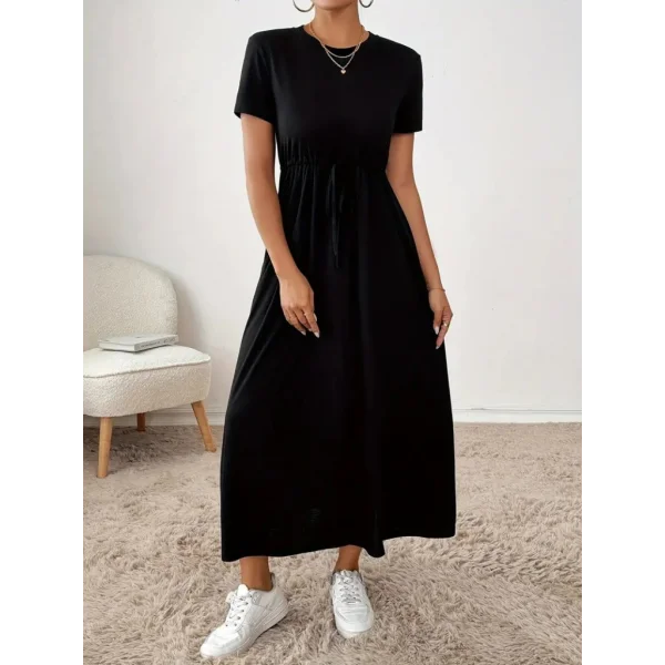 Kadın Kısa Kollu Bisiklet Yaka Belden Bağcıklı Cepli Viskon Elbise