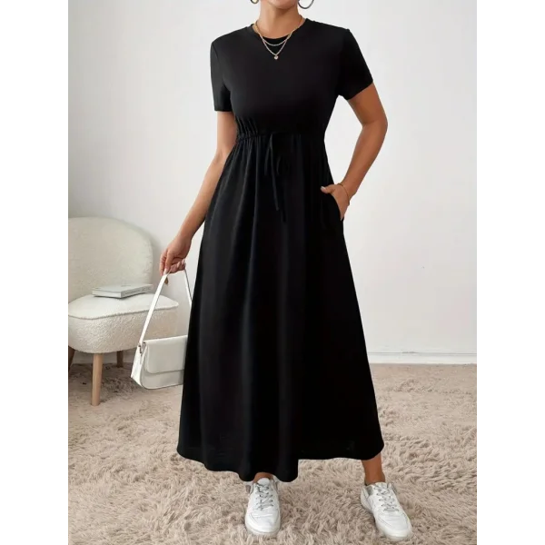 Kadın Kısa Kollu Bisiklet Yaka Belden Bağcıklı Cepli Viskon Elbise