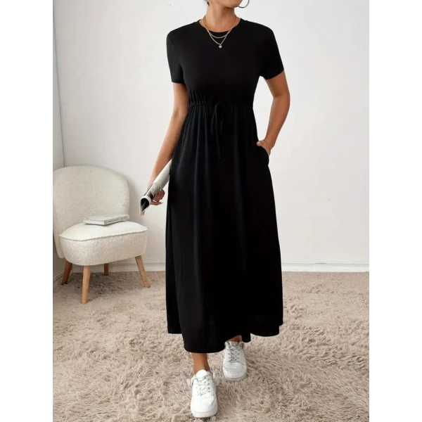 Kadın Kısa Kollu Bisiklet Yaka Belden Bağcıklı Cepli Viskon Elbise