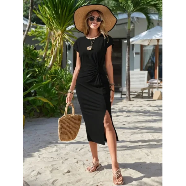 Kadın Kısa Kollu Bisiklet Yaka Belden Büzgülü Yırtmaç Detay Viskon Midi Elbise