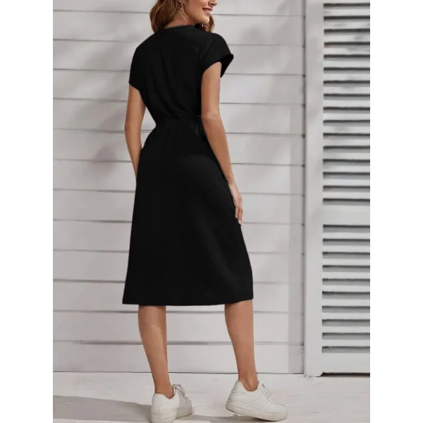 Kadın Kısa Kollu Bisiklet Yaka Belden Lastikli Midi Viskon Elbise