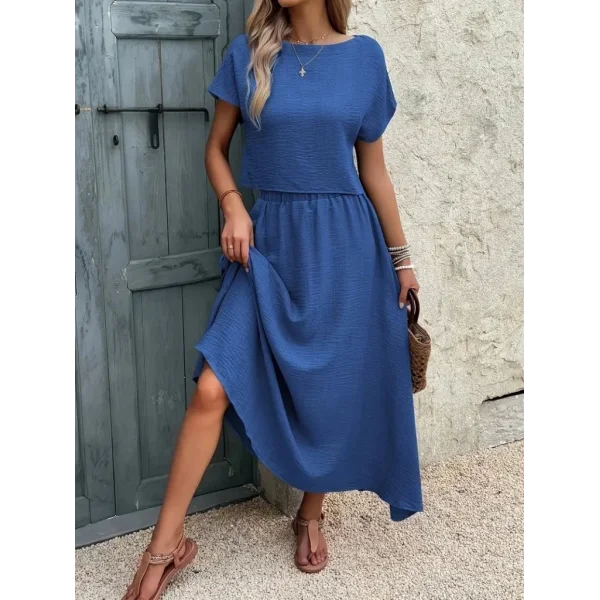 Kadın Kısa Kollu Bisiklet Yaka Bluz Etekli Ithal Keten Ikili Takım