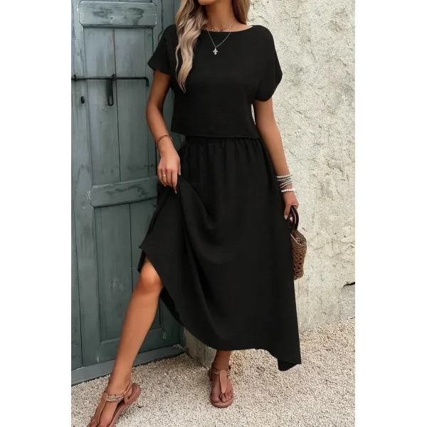 Kadın Kısa Kollu Bisiklet Yaka Bluz Etekli Ithal Keten Ikili Takım