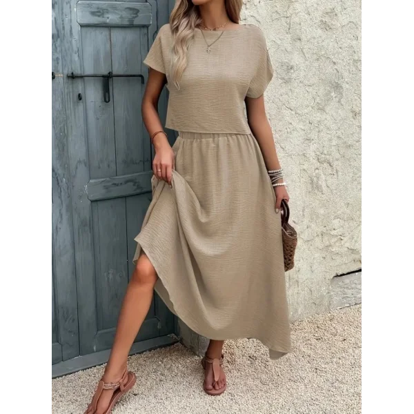 Kadın Kısa Kollu Bisiklet Yaka Bluz Etekli Ithal Keten Ikili Takım