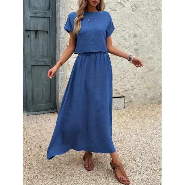 Kadın Kısa Kollu Bisiklet Yaka Bluz Etekli Ithal Keten Ikili Takım