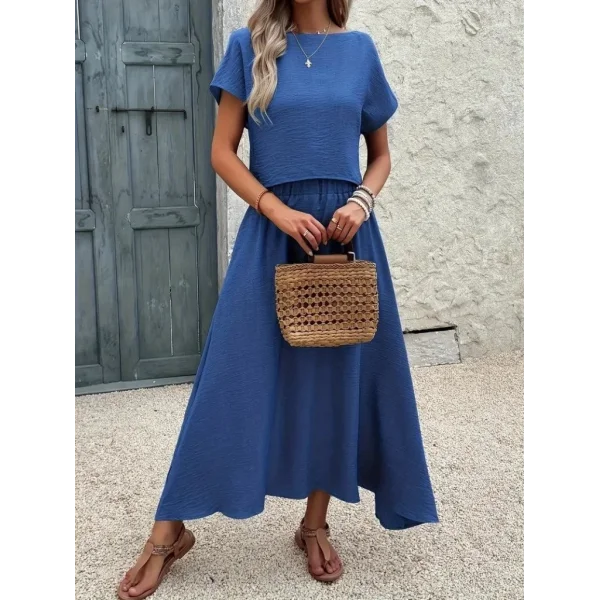 Kadın Kısa Kollu Bisiklet Yaka Bluz Etekli Ithal Keten Ikili Takım