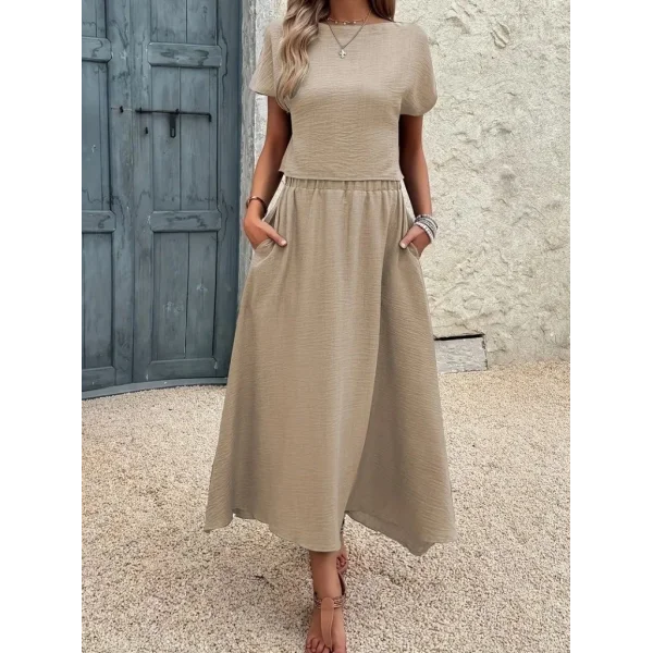 Kadın Kısa Kollu Bisiklet Yaka Bluz Etekli Ithal Keten Ikili Takım